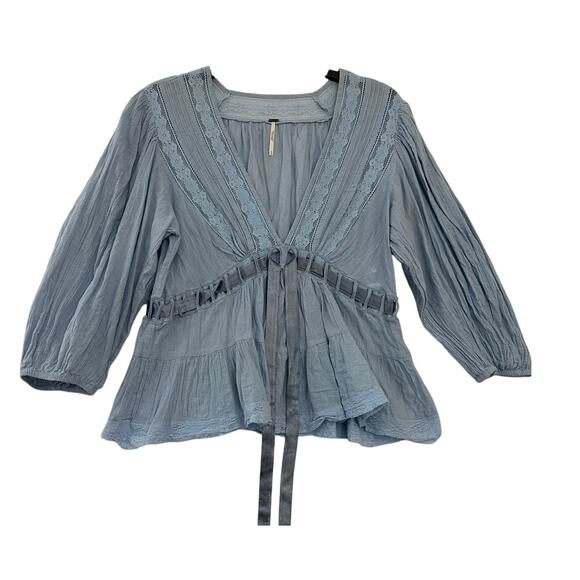 Free People Blue Tie Flowy Top M Beachy Coastal Fairy Festival - Picture 1 of 10